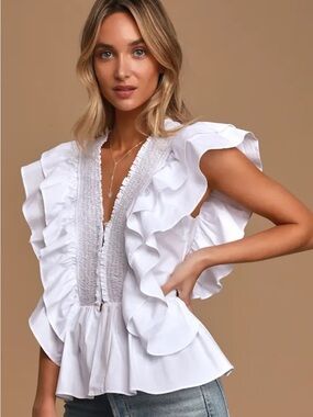 Lulu's White Ruffled V-Neck Smocked Peplum Top